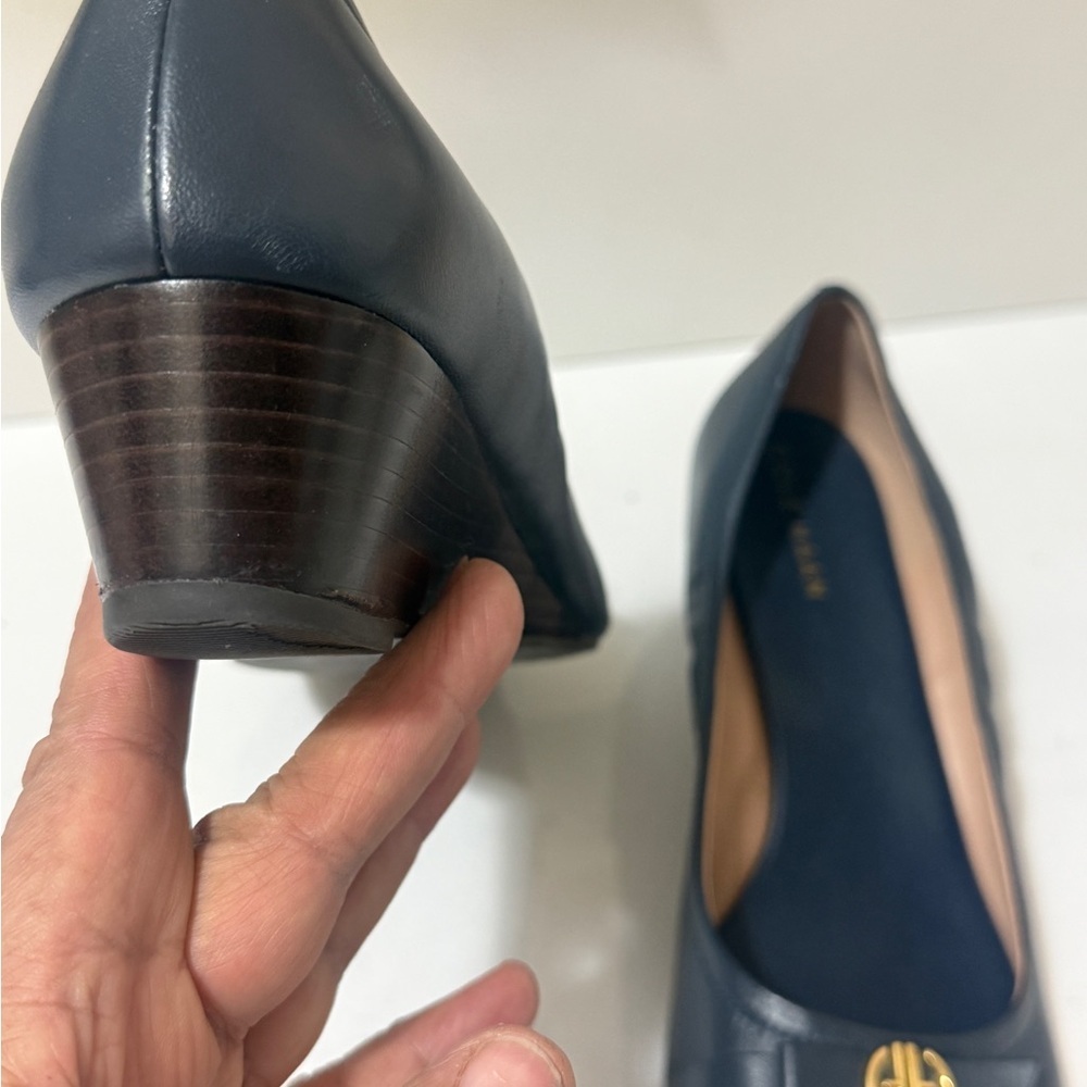 Cole Haan Women's Navy Peep-Toe Flats with Gold Accent - Picture 6 of 16